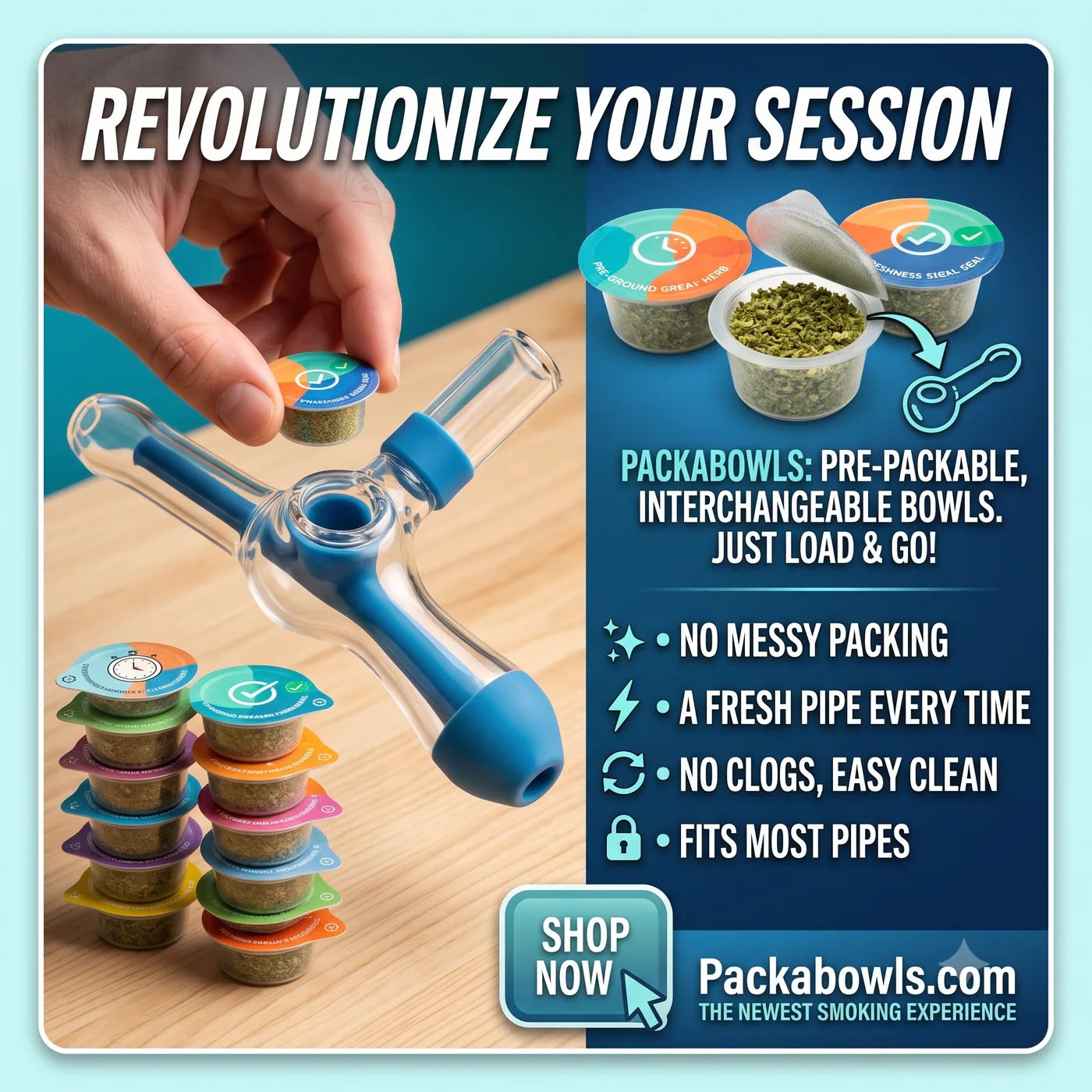 Gemini explainer-style static ad for the PackABowls system