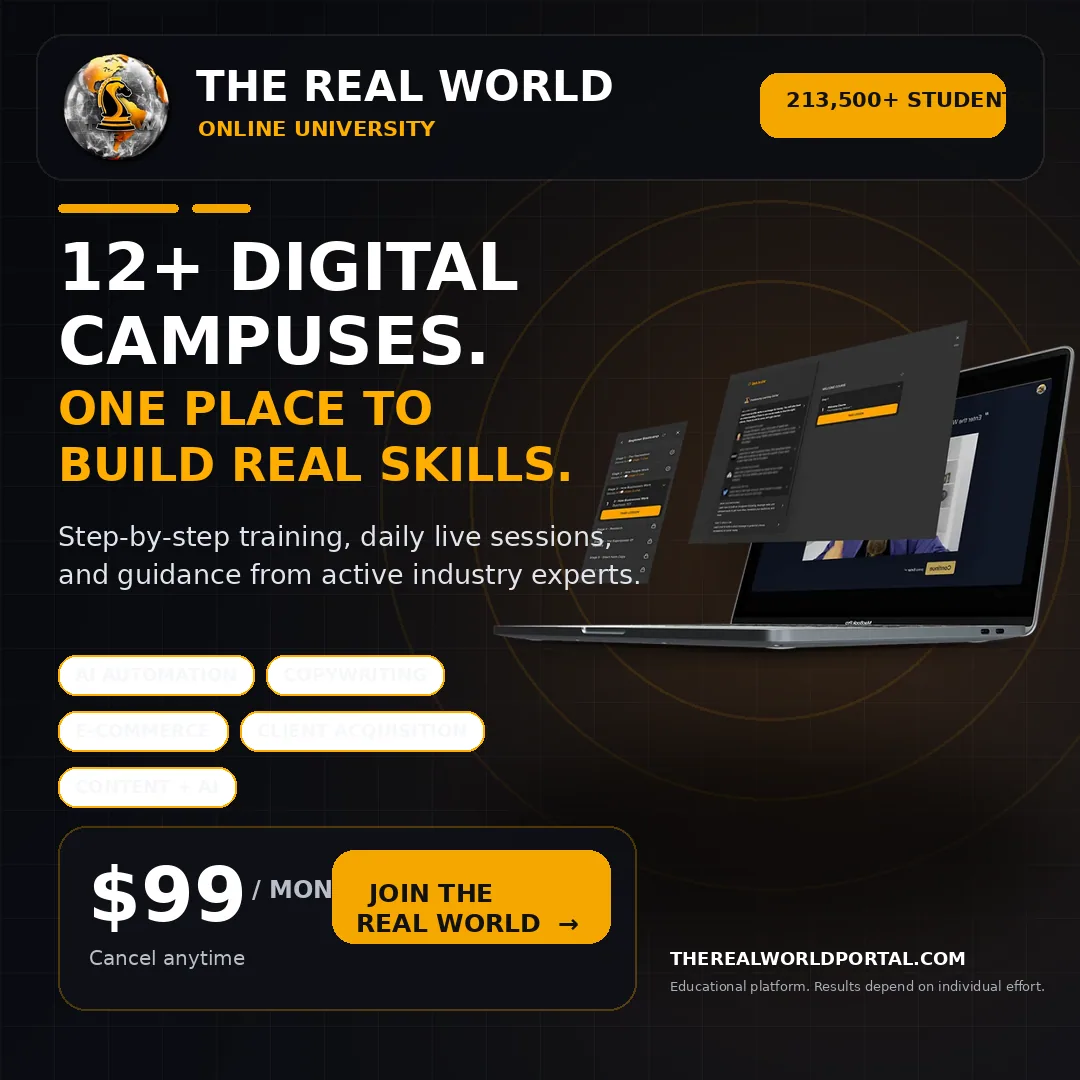 GPT offer-led static ad for The Real World online university