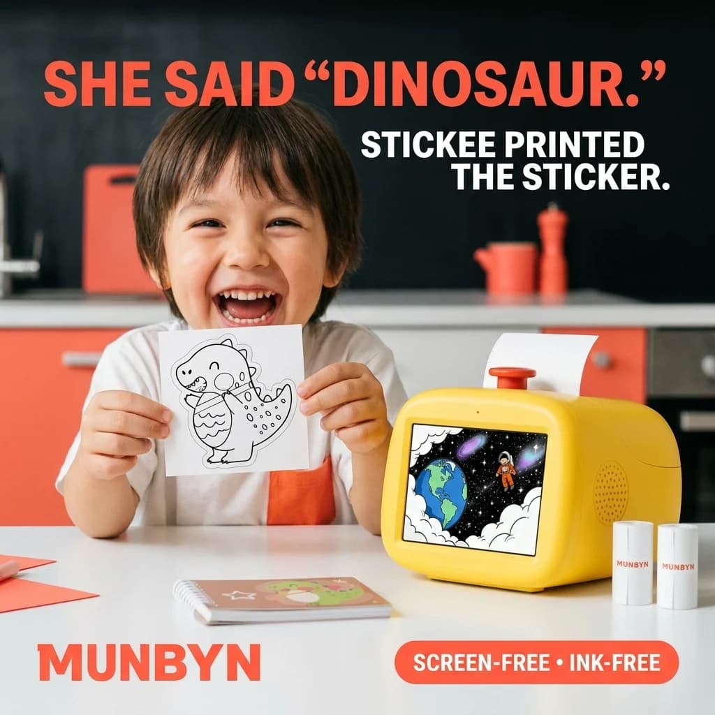 ADEN'S LAB static Meta ad showing a child holding a dinosaur sticker beside the MUNBYN sticker printer