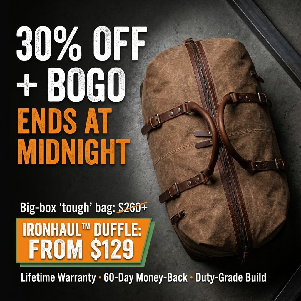 Static image ad generated for the Mr Powerz Ironhaul travel duffel